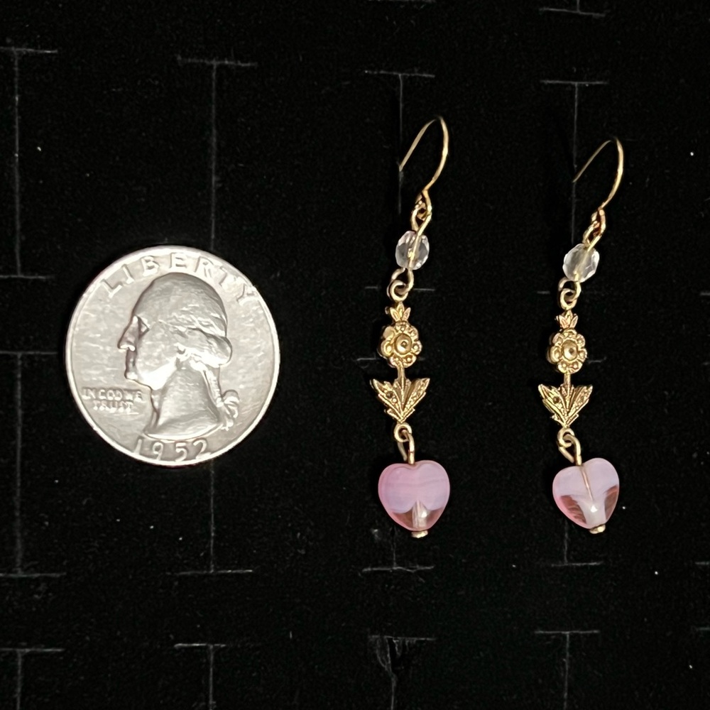 Gold-Tone Floral Drop Earrings with Pink Heart Beads